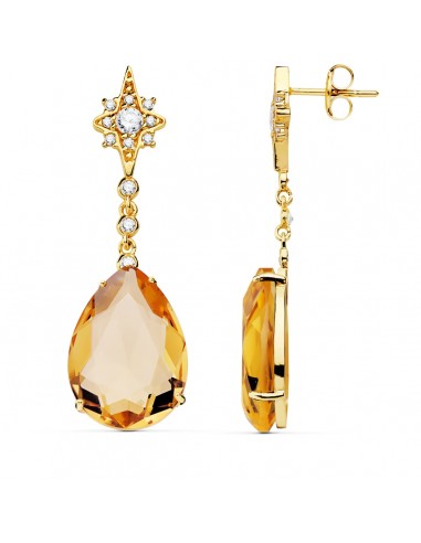 18K PENDIENTES ORO AMARILLO PIEDRA PERA COLOR CHAMPAGNE. 41 X 13 MM CIERRE PRESION
