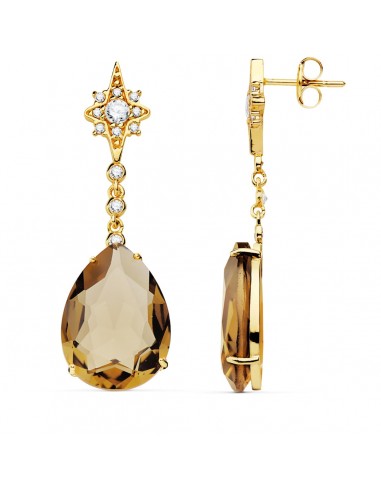 18K PENDIENTES ORO AMARILLO PIEDRA PERA COLOR FUME. 41X13 MM CIERRE PRESION