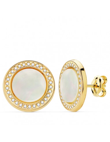 18K PENDIENTES ORO AMARILLO REDONDOS CIRCONITA Y NACAR 12.5 MM CIERRE PRESION