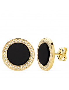 18K PENDIENTES ORO AMARILLO REDONDOS CIRCONITA Y ONIX. 12.5 MM CIERRE PRESION