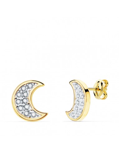 18K PENDIENTES ORO BICOLOR LUNA CON CIRCONITA 11X9 MM CIERRE PRESION.