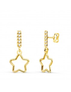 18K PENDIENTES ORO AMARILLO COLGANTE ESTRELLA Y CIRCONITA 17X8 MM