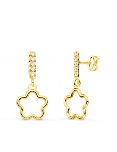 18K PENDIENTES ORO AMARILLO DOS CUERPOS COLGANTE FLOR Y CIRCONITA 18X8 MM