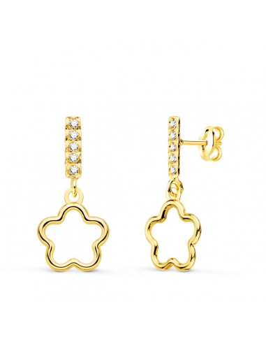 18K PENDIENTES ORO AMARILLO DOS CUERPOS COLGANTE FLOR Y CIRCONITA 18X8 MM