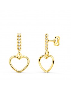18K PENDIENTES ORO AMARILLO DOS CUERPOS COLGANTE CORAZON Y CIRCONITA 17X9 MM C. AMOR