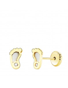18K PENDIENTES ORO AMARILLO PIES CON NACAR 6X3.5 MM CIERRE TUERCA