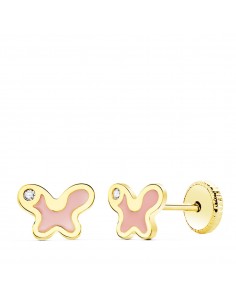 18K PENDIENTES ORO AMARILLO MARIPOSA ESMALTE ROSA 7X5 MM CIERRE TUERCA
