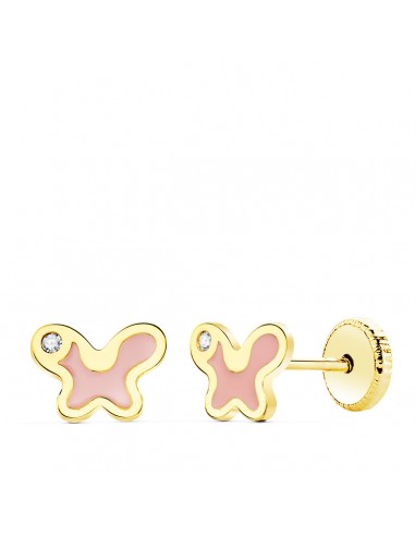 18K PENDIENTES ORO AMARILLO MARIPOSA ESMALTE ROSA 7X5 MM CIERRE TUERCA