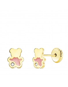 18K PENDIENTES ORO AMARILLO OSO ESMALTE ROSA 6X5 MM CIERRE TUERCA