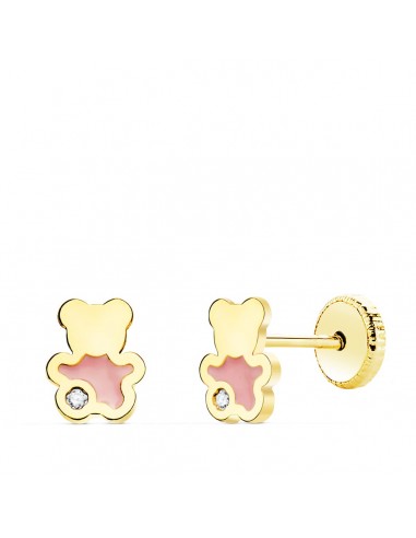 18K PENDIENTES ORO AMARILLO OSO ESMALTE ROSA 6X5 MM CIERRE TUERCA