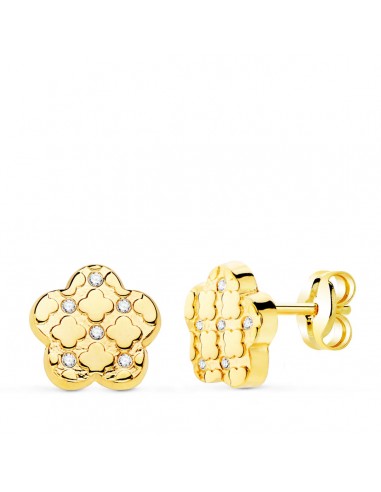 18K PENDIENTES ORO AMARILLO FLOR Y CIRCONITA 7.5X7 MM CIERRE PRESION.