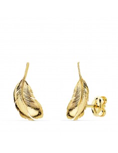 18K PENDIENTES ORO AMARILLO PLUMAS 16X7 MM CIERRE PRESION
