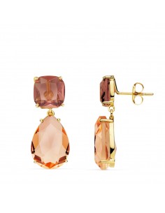 18K PENDIENTES ORO AMARILLO PIEDRA PERA COLOR ALEJANDRITA Y KUNCITA 24X10 MM CIERRE PRESION