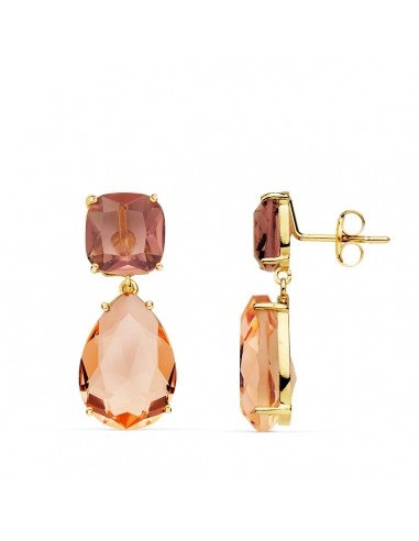 18K PENDIENTES ORO AMARILLO PIEDRA PERA COLOR ALEJANDRITA Y KUNCITA 24X10 MM CIERRE PRESION