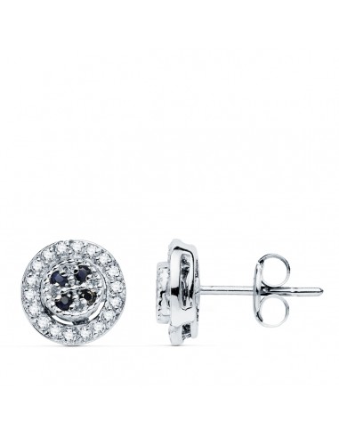 18K PENDIENTES ORO BLANCO REDONDO CIRCONITA Y ZAFIROS 8 MM CIERRE PRESION