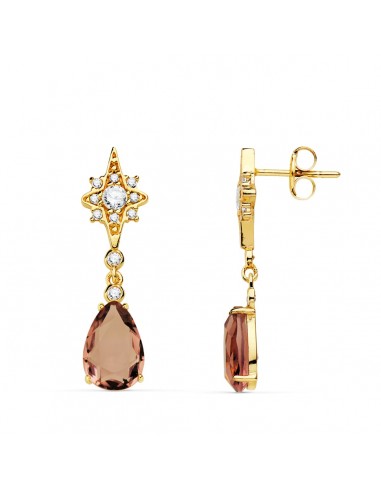 18K PENDIENTES ORO AMARILLO ESTRELLAS PIEDRA PERA COLOR ALEJANDRITA 29X7 MM CIERRE PRESION