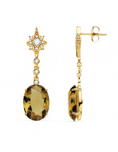 18K PENDIENTES ORO AMARILLO PIEDRA PERA COLOR FUME. 37X10 MM CIERRE PRESION