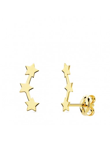 18K PENDIENTES ORO AMARILLO TREPADORES 12X3 MM ESTRELLAS CIERRE PRESION