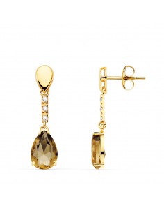 18K PENDIENTES ORO AMARILLO PIEDRA GOTA COLOR FUME. 28X7 MM CIERRE PRESION