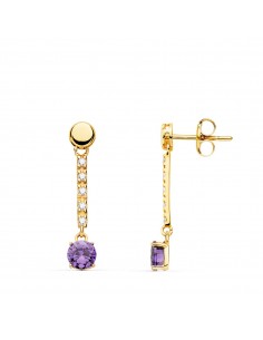 18K PENDIENTES ORO AMARILLO PIEDRA REDONDA COLOR AMATISTA 25X5 MM CIERRE PRESION