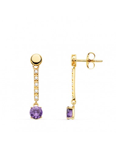 18K PENDIENTES ORO AMARILLO PIEDRA REDONDA COLOR AMATISTA 25X5 MM CIERRE PRESION
