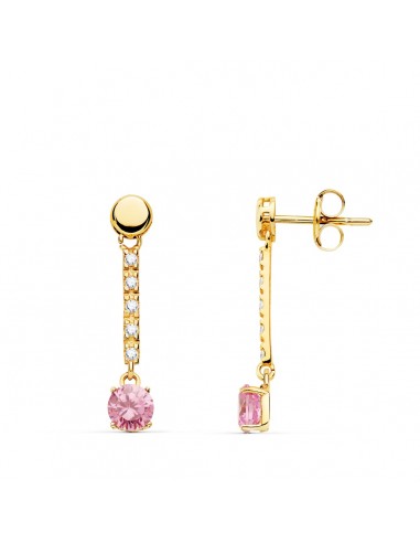 18K PENDIENTES ORO AMARILLO PIEDRA REDONDA COLOR ROSA 25X5 MM CIERRE PRESION