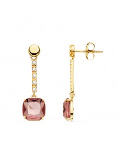 18K PENDIENTES ORO AMARILLO PIEDRA CUADRADA COLOR KUNCITA 28X8 MM CIERRE PRESION
