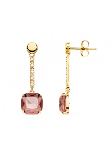 18K PENDIENTES ORO AMARILLO PIEDRA CUADRADA COLOR KUNCITA 28X8 MM CIERRE PRESION