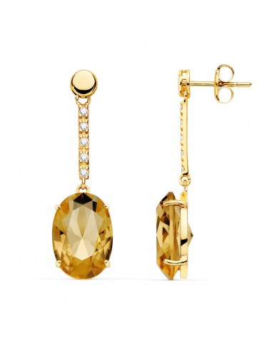 18K PENDIENTES ORO AMARILLO PIEDRA OVAL COLOR CHAMPAGNE. 35X10 MM CIERRE PRESION
