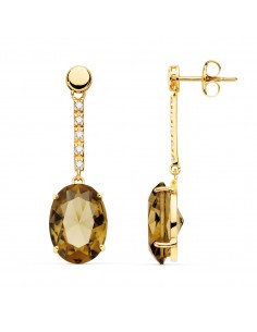 18K PENDIENTES ORO AMARILLO PIEDRA OVAL COLOR FUME. 35X10 MM CIERRE PRESION