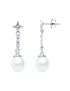 18K PENDIENTES ORO BLANCO PERLA Y CIRCONITA 28X8 MM CIERRE PRESION