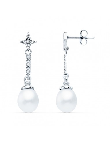18K PENDIENTES ORO BLANCO PERLA Y CIRCONITA 28X8 MM CIERRE PRESION
