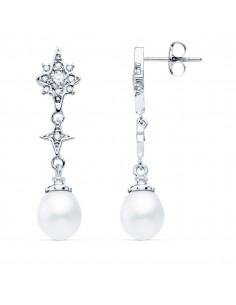 18K PENDIENTES LARGOS ORO BLANCO PERLA Y CIRCONITA 35X8 MM CIERRE PRESION
