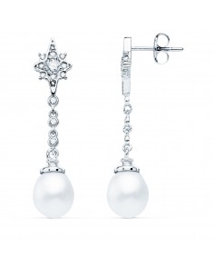 18K PENDIENTES LARGOS ORO BLANCO PERLA Y CIRCONITA 37X7 MM CIERRE PRESION