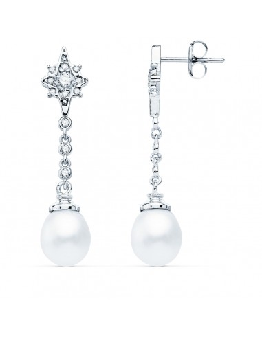 18K PENDIENTES LARGOS ORO BLANCO PERLA Y CIRCONITA 37X7 MM CIERRE PRESION