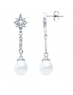 18K PENDIENTES LARGOS ORO BLANCO PERLA Y CIRCONITA 36X8 MM CIERRE PRESION