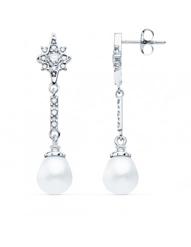 18K PENDIENTES LARGOS ORO BLANCO PERLA Y CIRCONITA 36X8 MM CIERRE PRESION
