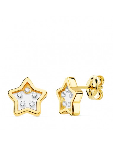 18K PENDIENTES ORO AMARILLO ESTRELLA AIRSHINE TRANSPARENTE Y CIRCONITA 9X9 MM CIERRE PRESION