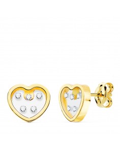 18K PENDIENTES ORO AMARILLO CORAZON AIRSHINE TRANSPARENTE Y CIRCONITA 8X7 MM CIERRE PRESION C. AMOR