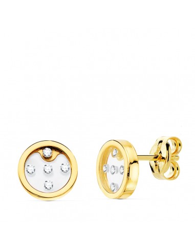 18K PENDIENTES ORO AMARILLO REDONDOS AIRSHINE TRANSPARENTE Y CIRCONITA 8 MM CIERRE PRESION