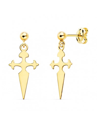 18K PENDIENTES ORO AMARILLO CRUZ DE SANTIAGO 17X8 MM BOLA 3 MM PRESION