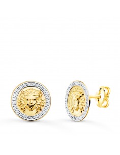 18K PENDIENTES ORO BICOLOR MEDUSA Y BORDE DE GRECA 12 MM CIERRE PRESION
