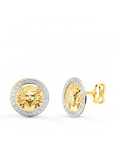 18K PENDIENTES ORO BICOLOR MEDUSA Y BORDE DE GRECA 12 MM CIERRE PRESION
