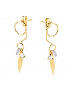18K PENDIENTES ORO AMARILLO EAR JACKETCON CIRCULO  HOJA Y PIEDRA AZUL 27X7 MM. CIERRE PRESION