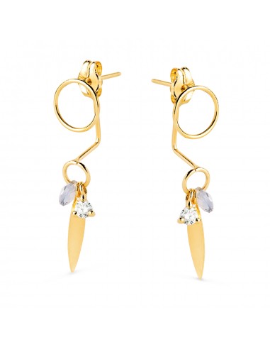 18K PENDIENTES ORO AMARILLO EAR JACKETCON CIRCULO  HOJA Y PIEDRA AZUL 27X7 MM. CIERRE PRESION