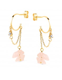 18K PENDIENTES ORO AMARILLO MEDIO ARO 11MM CON CADENA Y CUARZO ROSA 33MM. CIERRE PRESION