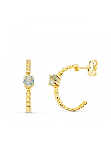 18K PENDIENTES ORO AMARILLO MEDIO ARO BOLITAS CON AGUAMARINA 13X3MM CIERRE PRESION