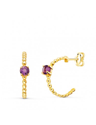 18K PENDIENTES ORO AMARILLO MEDIO ARO BOLITAS CON AMATISTA 13X3MM CIERRE PRESION