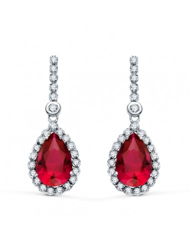 18K PENDIENTES ORO BLANCO DOS CUERPOS CON PIEDRA ROJA 12 X 8MM. 33X12MM CIERRE PRESION