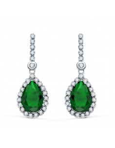18K PENDIENTES ORO BLANCO DOS CUERPOS CON PIEDRA VERDE 12 X 8MM. 33X12MM CIERRE PRESION